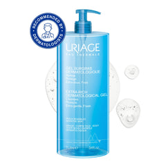 Blue bottle of Uriage Extra-Rich Dermatological Gel with pump on a white background