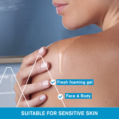 Person applying fresh foaming gel to their shoulder with a blue background