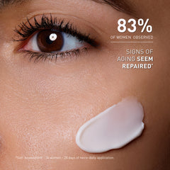 Close-up of a woman's eye with a cosmetic product applied, featuring text about perceived skin repair.