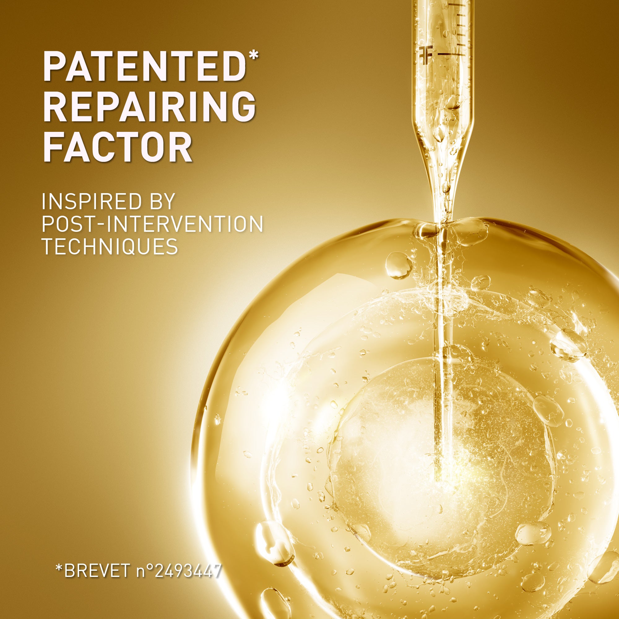 Patented repairing factor with dropper and bubble on gold background