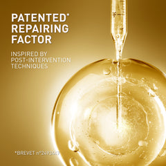 Patented repairing factor with dropper and bubble on gold background