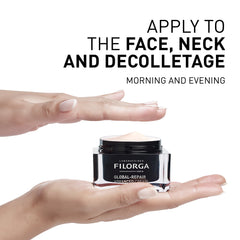 FILORGA Global-Repair Advanced Cream being applied to a hand with text on a white background