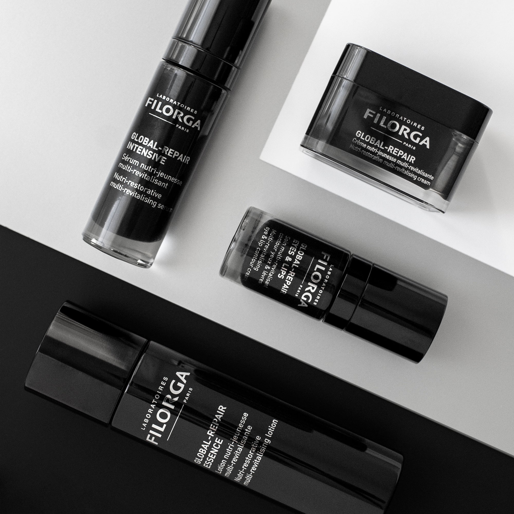 Filorga skincare products on a white and black surface