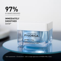 Filorga Hydra-Hyal cream jar on a reflective surface with promotional text.