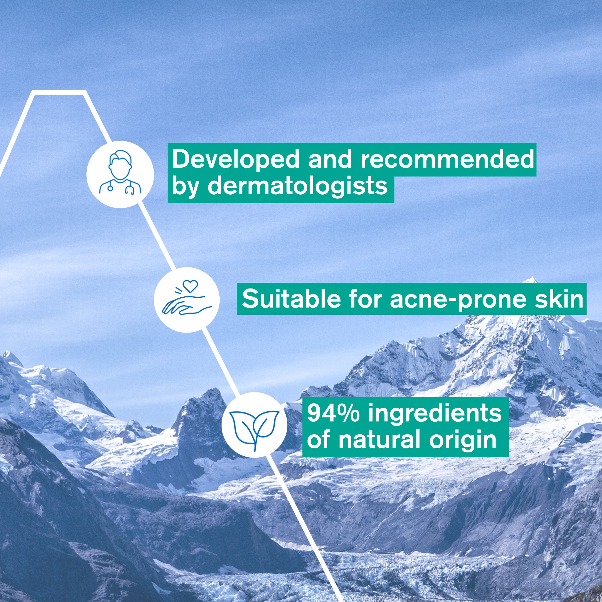 Mountain landscape with text about dermatologist recommendation, suitability for acne-prone skin, and natural ingredients.