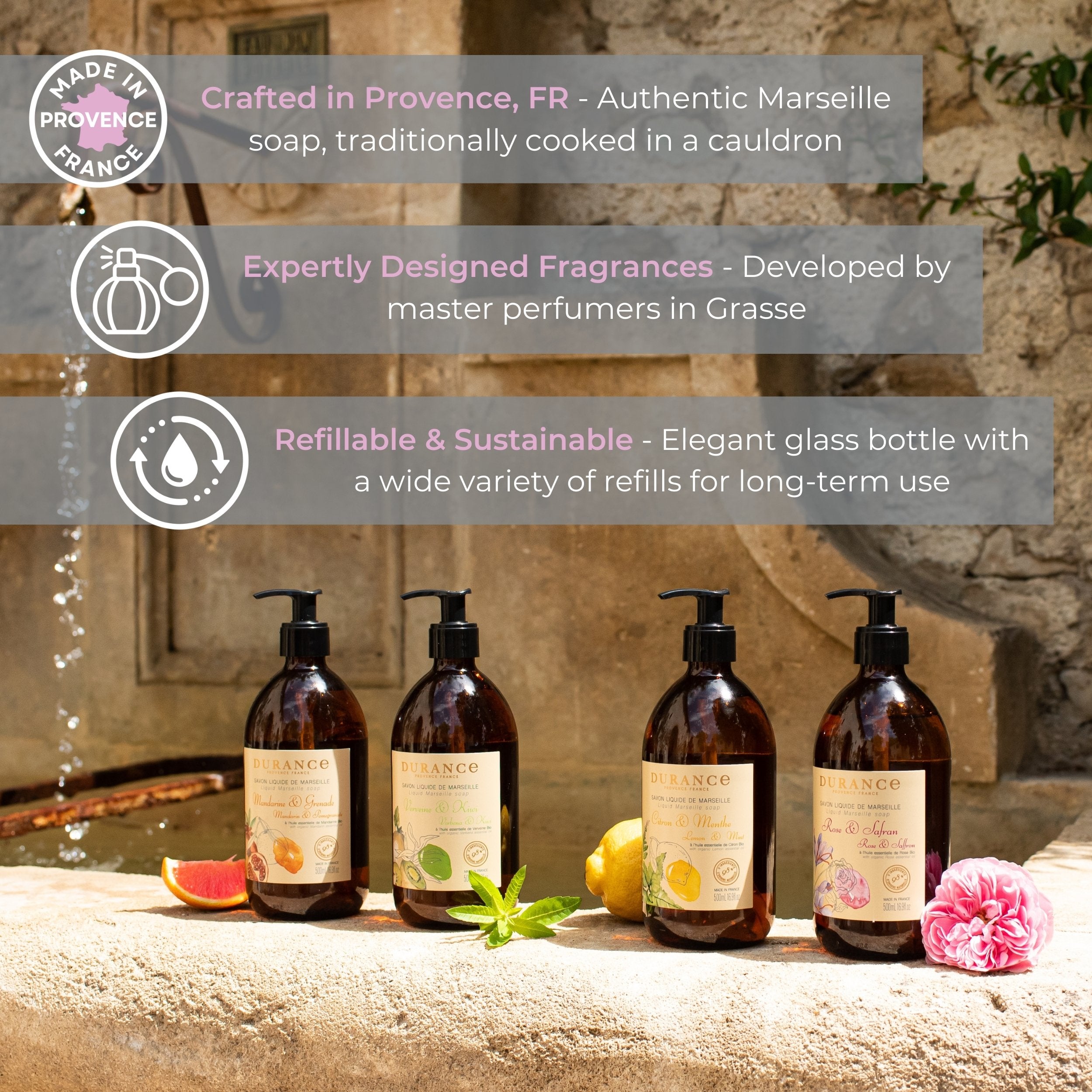 Set of soap bottles with labels on a stone surface, featuring text about product features.