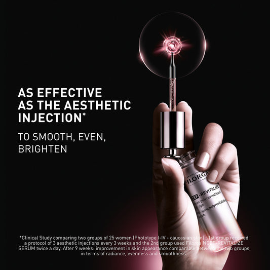 Hand holding a skincare serum bottle with a light bulb above, on a black background.