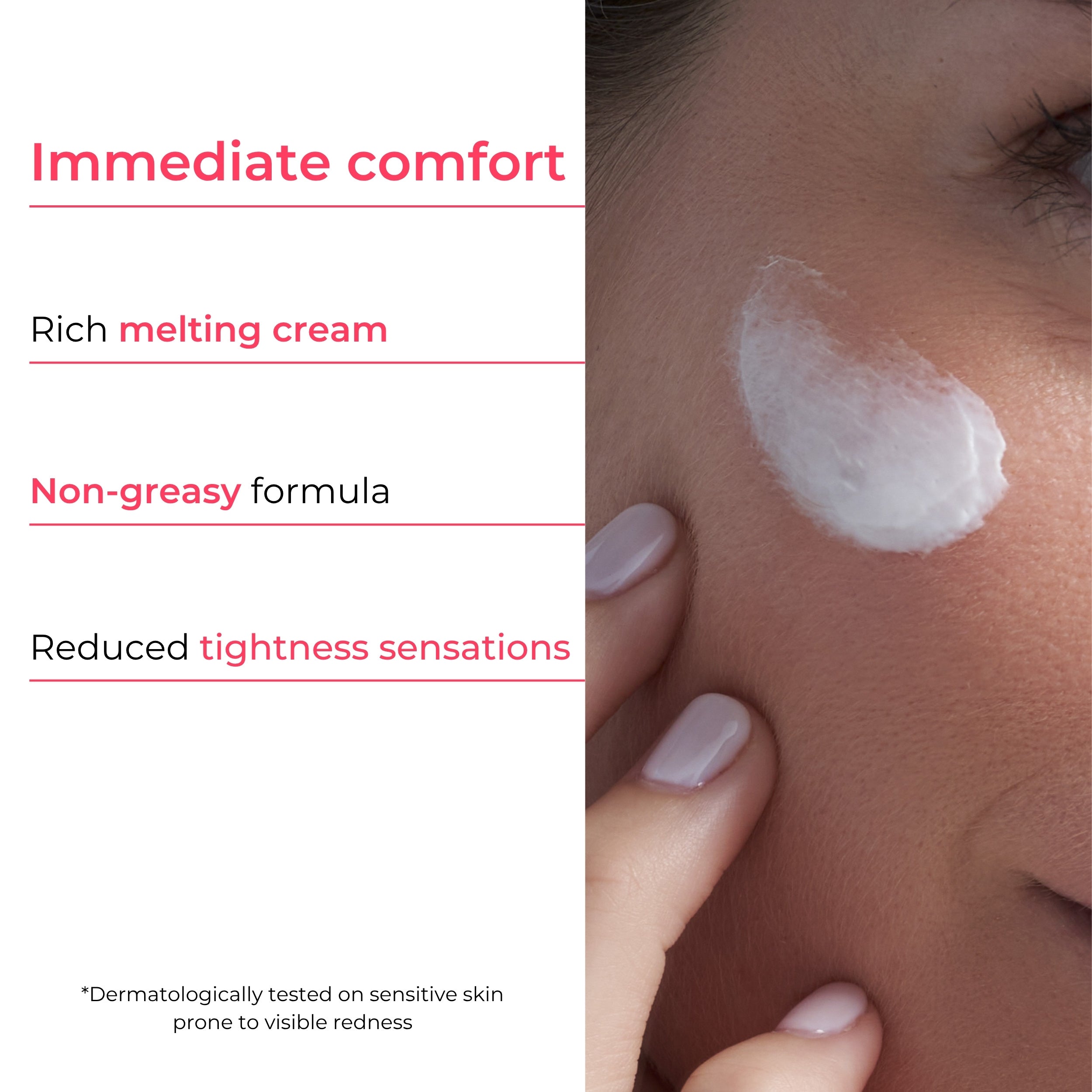 Cosmetic cream applied to skin with text highlighting features