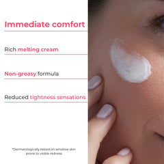 Cosmetic cream applied to skin with text highlighting features