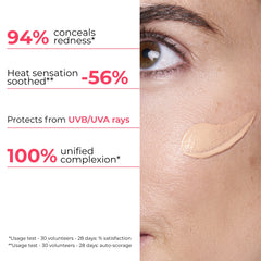 Cosmetic product application on skin with text highlighting its benefits