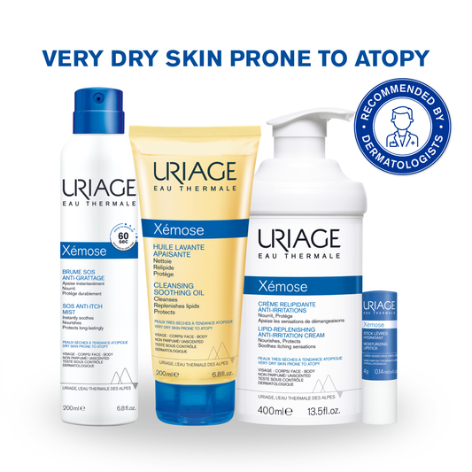 Uriage skincare products for very dry skin prone to atopy on a white background