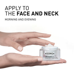 Hand applying cream to a jar of Filorga product with text on a white background