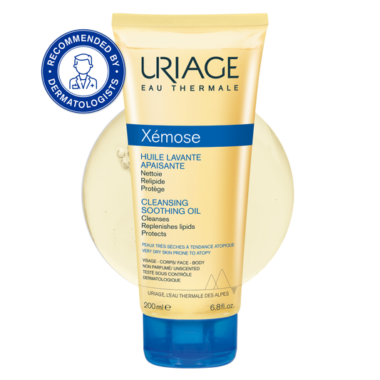 Uriage Xémose cleansing soothing oil bottle with blue cap on a white background