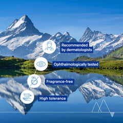 Mountain landscape with a lake, featuring icons and text about product benefits.