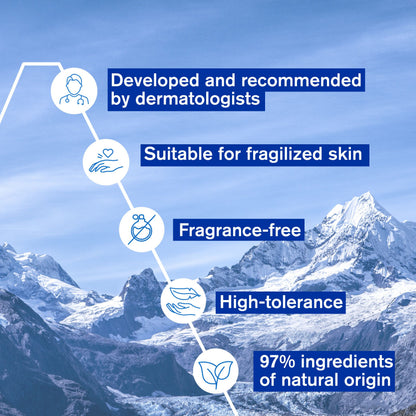 Mountainous landscape with product features text overlay on a blue sky background