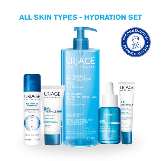 Set of Uriage skincare products on a white background with blue accents.