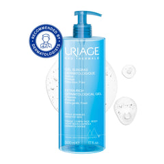 Uriage dermatological gel bottle with pump on a white background