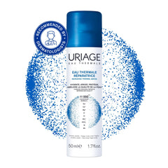 Uriage Eau Thermale bottle with blue and white design on a white background