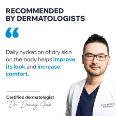 Certified dermatologist Dr. Danny Guo with text about daily hydration for dry skin.