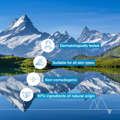 Mountain landscape with a lake and text about product features.