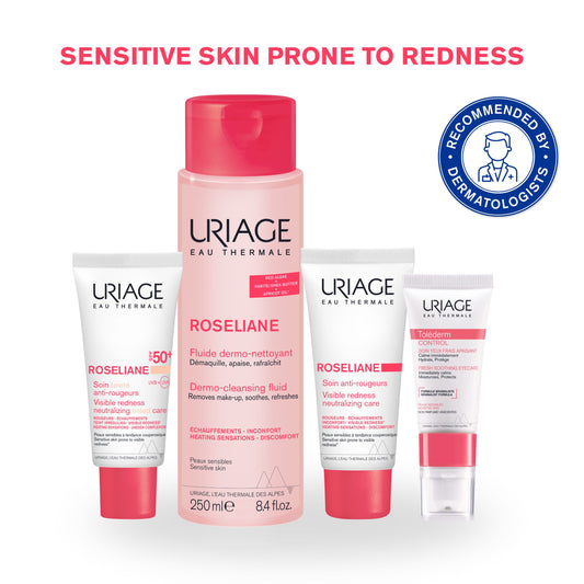 Uriage skincare products for sensitive skin prone to redness on a white background