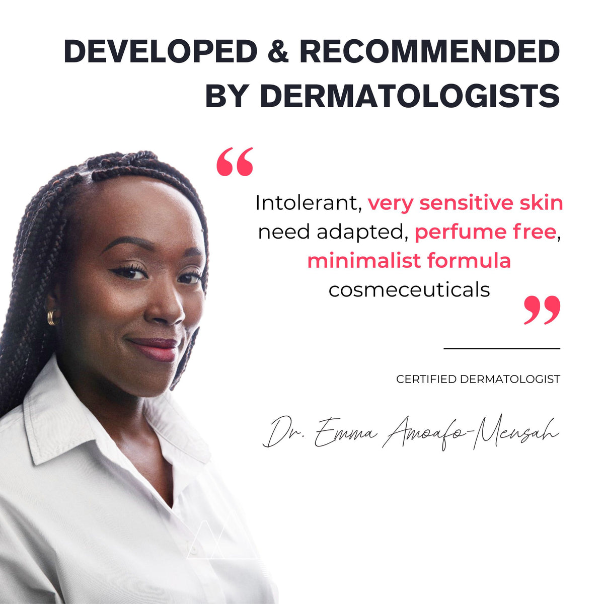 Woman with text about dermatologist-developed skincare products on a white background