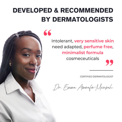Woman with text about dermatologist-developed skincare products on a white background