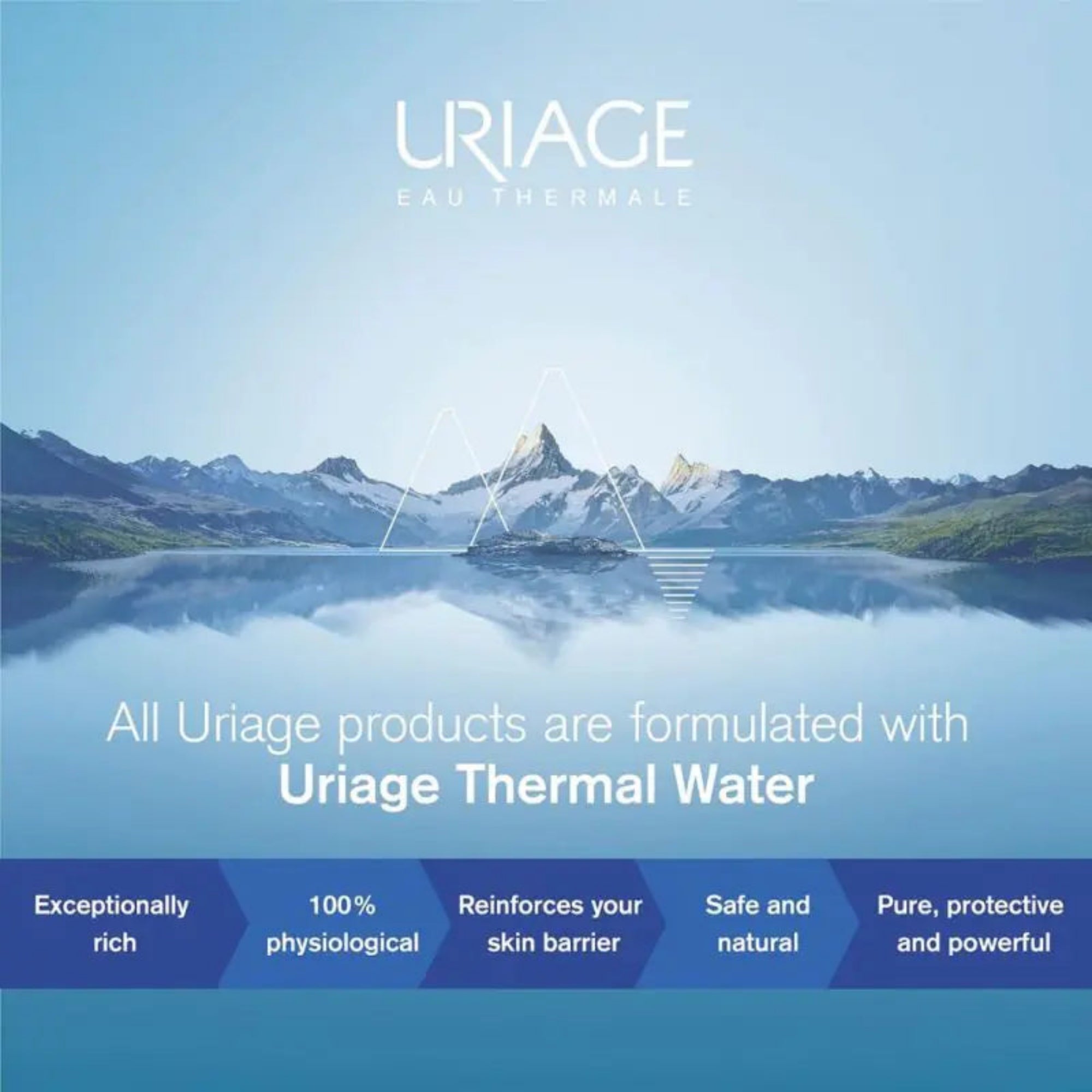Uriage advertisement with a mountain landscape and text about their products.