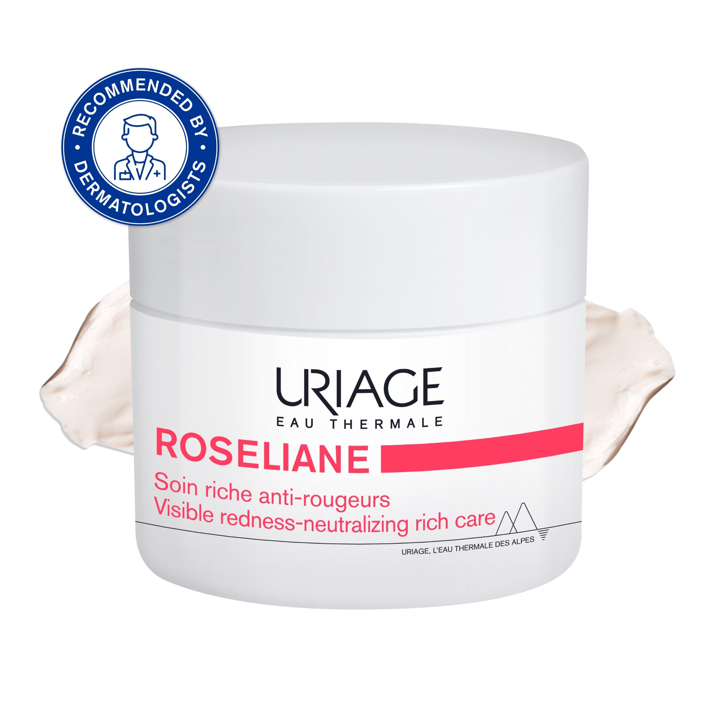 Uriage Roseliiane cream jar with a dermatologist recommendation label on a white background