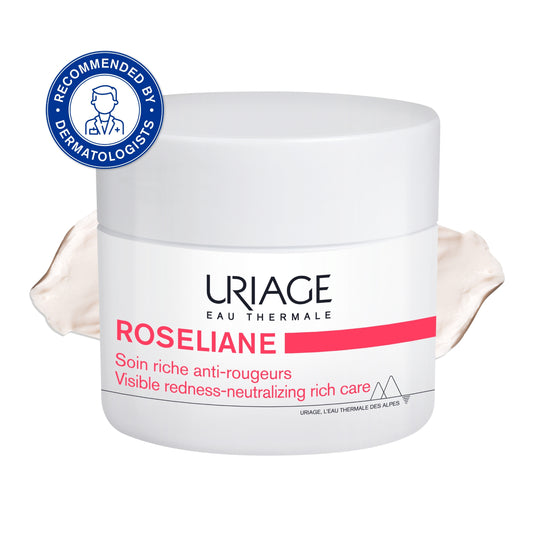 Uriage Roseliiane cream jar with a dermatologist recommendation label on a white background