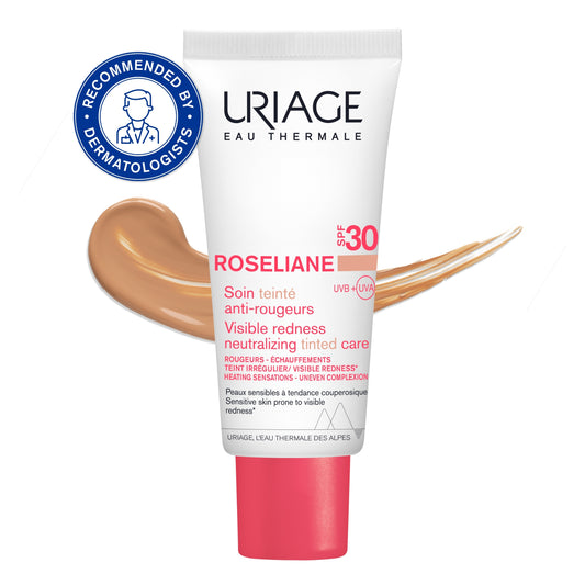 Uriage Roseliane visible redness neutralizing tinted care SPF30 with dermatologist recommendation badge on a white background