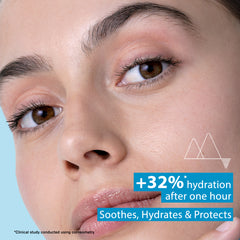 Close-up of a woman's face with text highlighting hydration benefits on a blue background