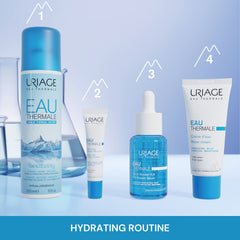 Uriage skincare products on a blue background with 'Hydrating Routine' text.
