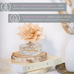 A diffuser with a flower on top, surrounded by books and a candle, with text about fragrance duration and alcohol-free formula.