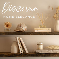 Decorative shelves with books, a shell, and a candle with 'Discover Home Elegance' text.