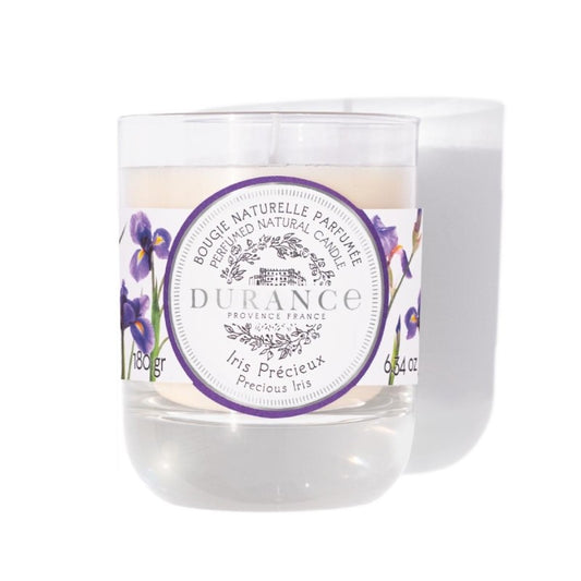 Durance candle with a purple label and floral design on a white background
