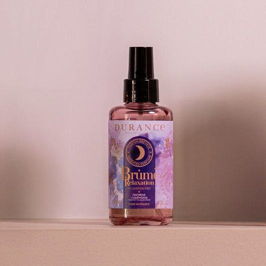 Bottle of Durance Brume Relaxation spray on a beige background
