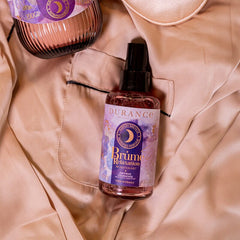 Bottle of DURANCE Brume Relaxation on a beige fabric background
